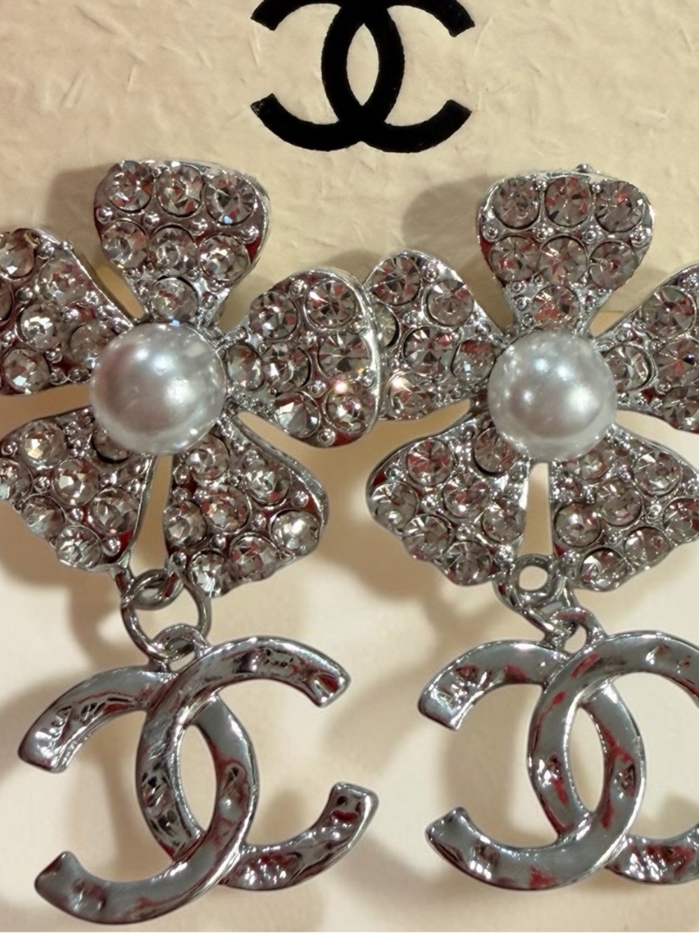 Crystal Flower Faux Pearl Drop Earrings Silver | New